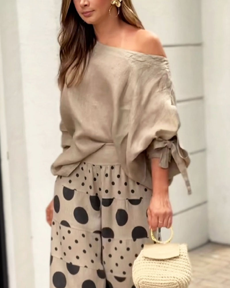 Simona | Conjunto de top de hombros suaves + pantalón estampado