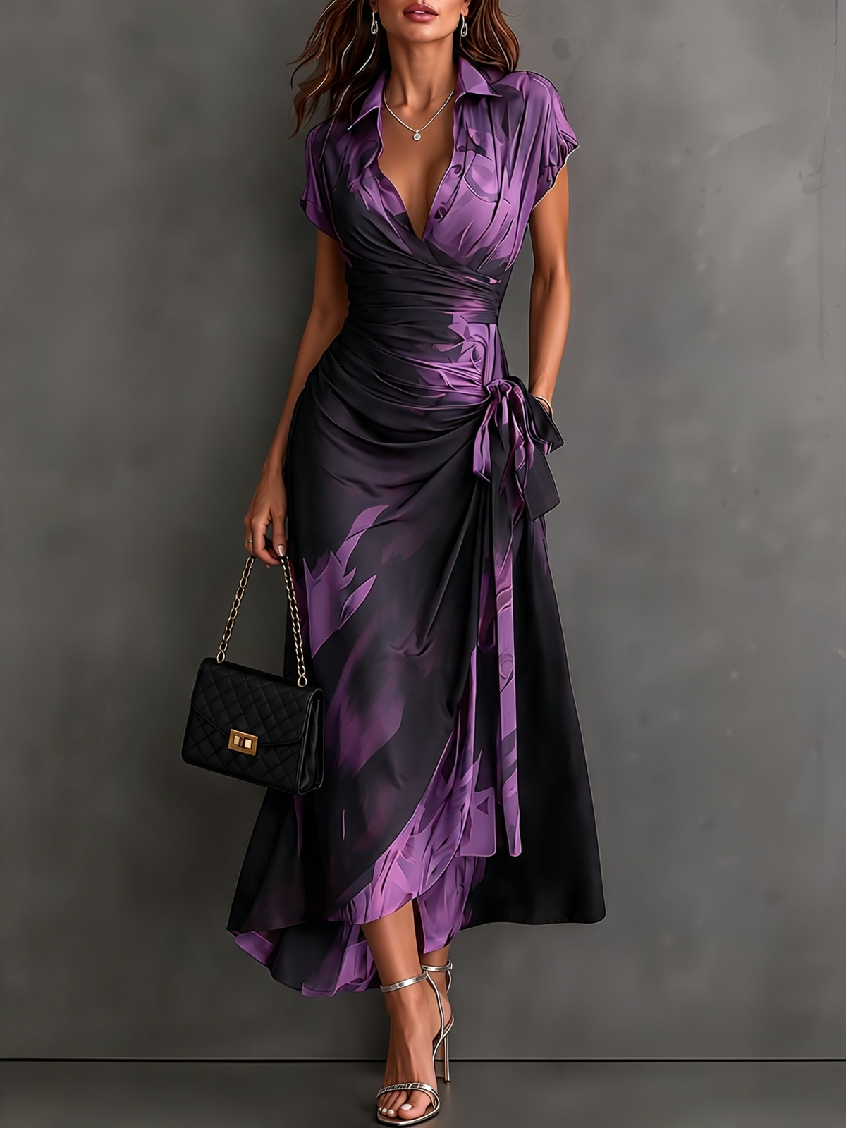 Rosanna | Vestido midi cruzado con estampado abstracto, escote en V, manga corta, cinturón y bajo asimétrico con volante