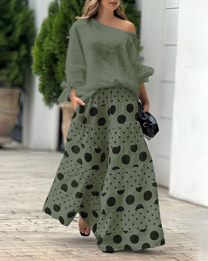 Simona | Conjunto de top de hombros suaves + pantalón estampado