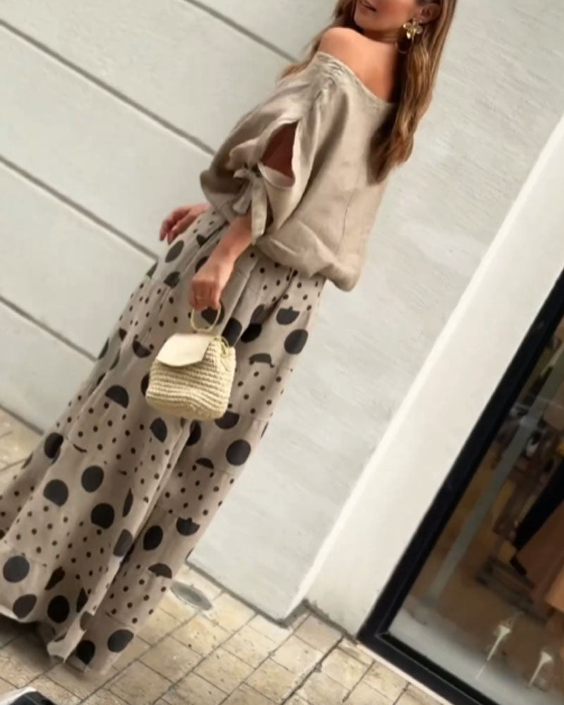 Simona | Conjunto de top de hombros suaves + pantalón estampado