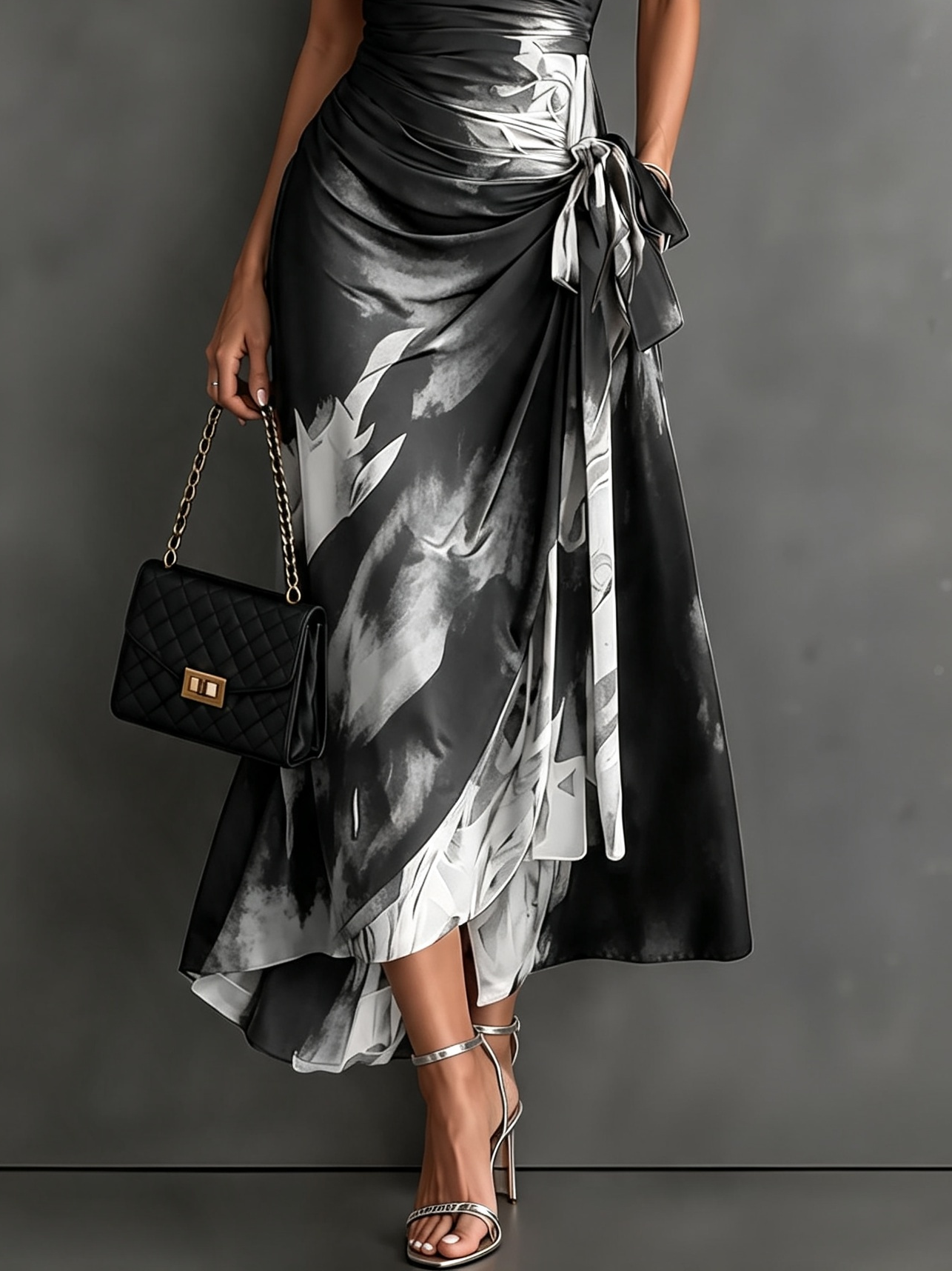 Rosanna | Vestido midi cruzado con estampado abstracto, escote en V, manga corta, cinturón y bajo asimétrico con volante
