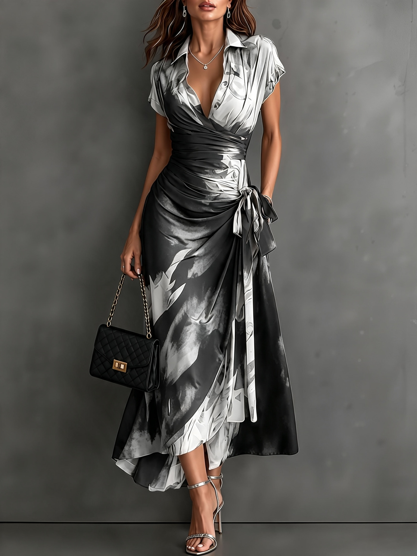 Rosanna | Vestido midi cruzado con estampado abstracto, escote en V, manga corta, cinturón y bajo asimétrico con volante