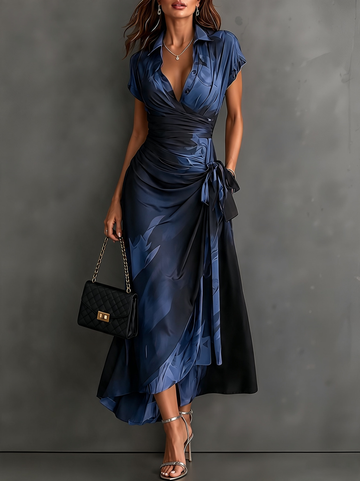 Rosanna | Vestido midi cruzado con estampado abstracto, escote en V, manga corta, cinturón y bajo asimétrico con volante