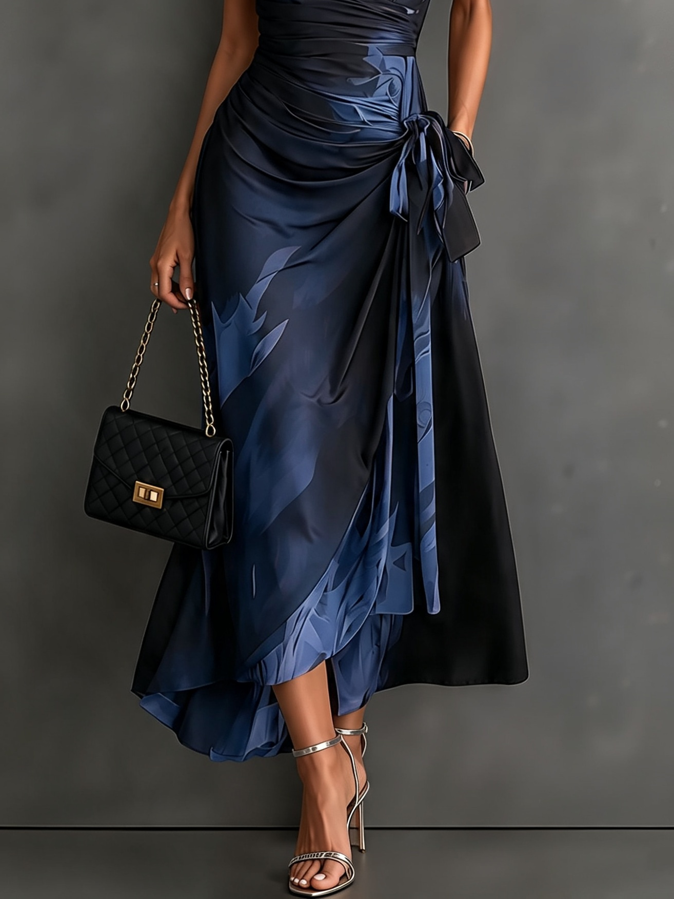Rosanna | Vestido midi cruzado con estampado abstracto, escote en V, manga corta, cinturón y bajo asimétrico con volante