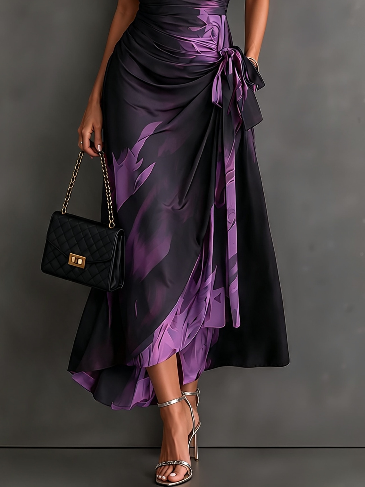 Rosanna | Vestido midi cruzado con estampado abstracto, escote en V, manga corta, cinturón y bajo asimétrico con volante