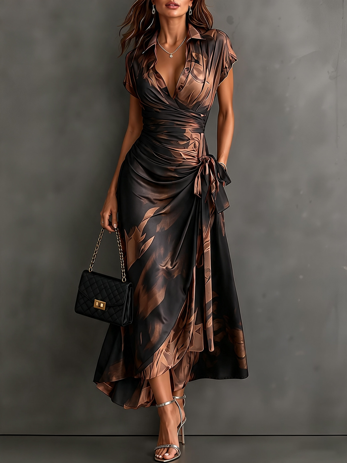 Rosanna | Vestido midi cruzado con estampado abstracto, escote en V, manga corta, cinturón y bajo asimétrico con volante