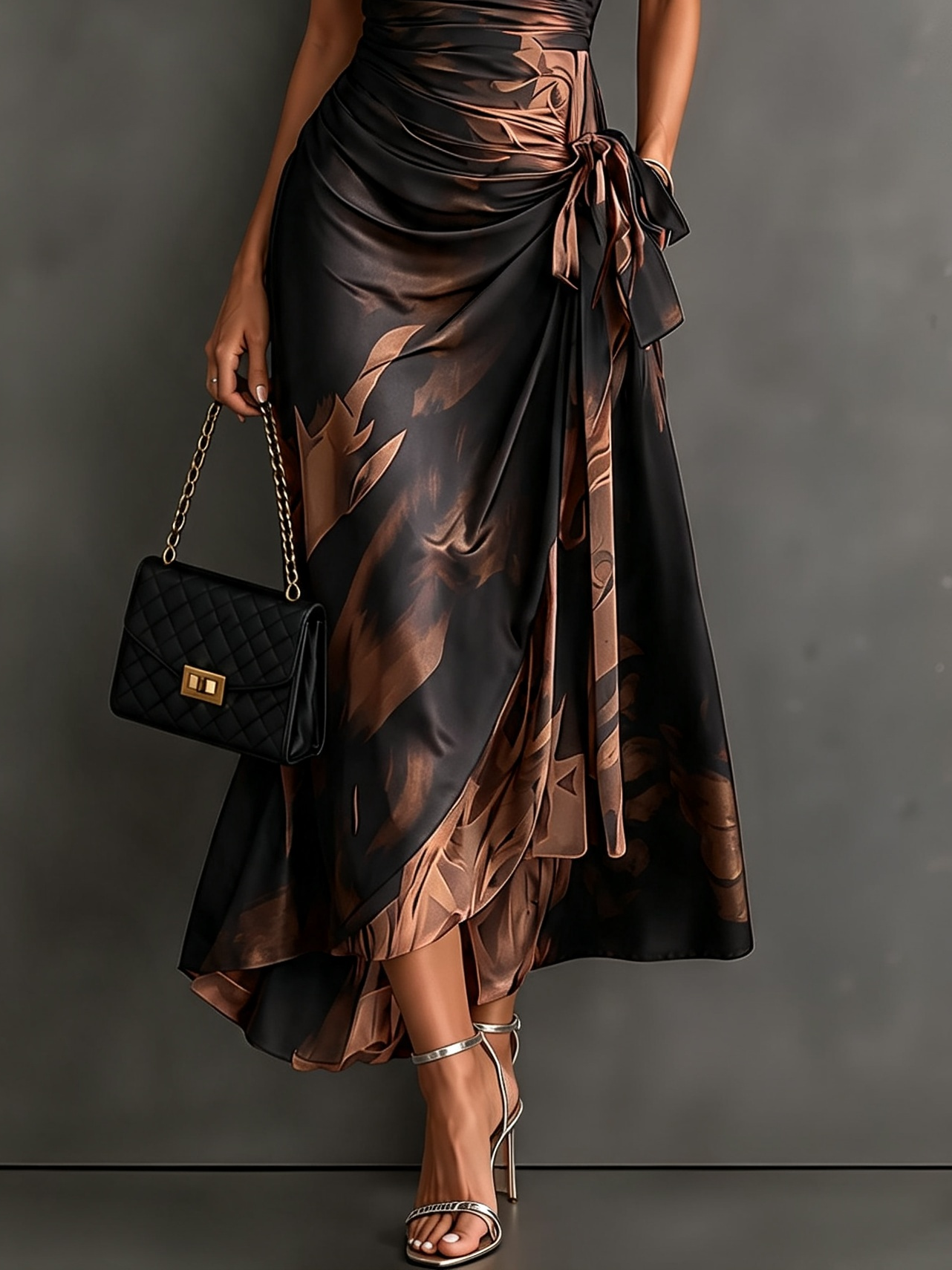 Rosanna | Vestido midi cruzado con estampado abstracto, escote en V, manga corta, cinturón y bajo asimétrico con volante