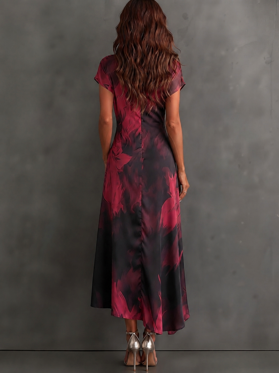 Rosanna | Vestido midi cruzado con estampado abstracto, escote en V, manga corta, cinturón y bajo asimétrico con volante