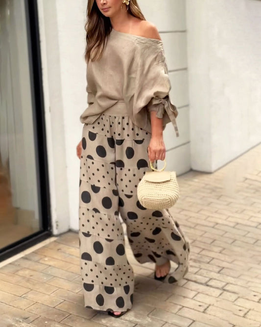 Simona | Conjunto de top de hombros suaves + pantalón estampado