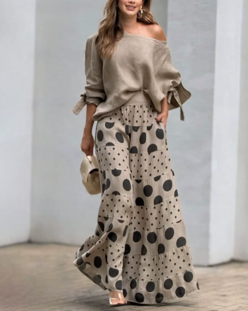 Simona | Conjunto de top de hombros suaves + pantalón estampado