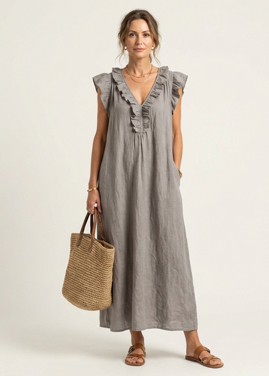 Monica | Vestido maxi de mezcla de lino con volantes y escote en V