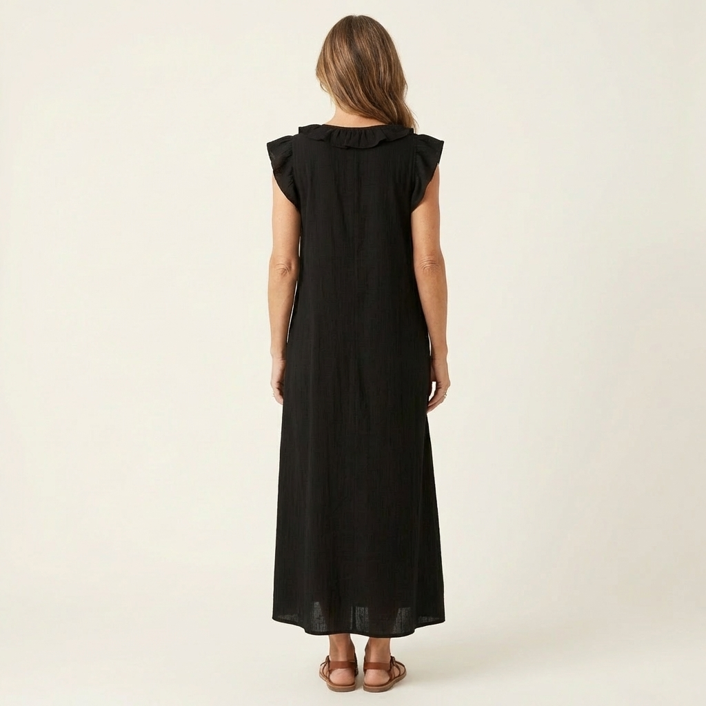 Monica | Vestido maxi de mezcla de lino con volantes y escote en V