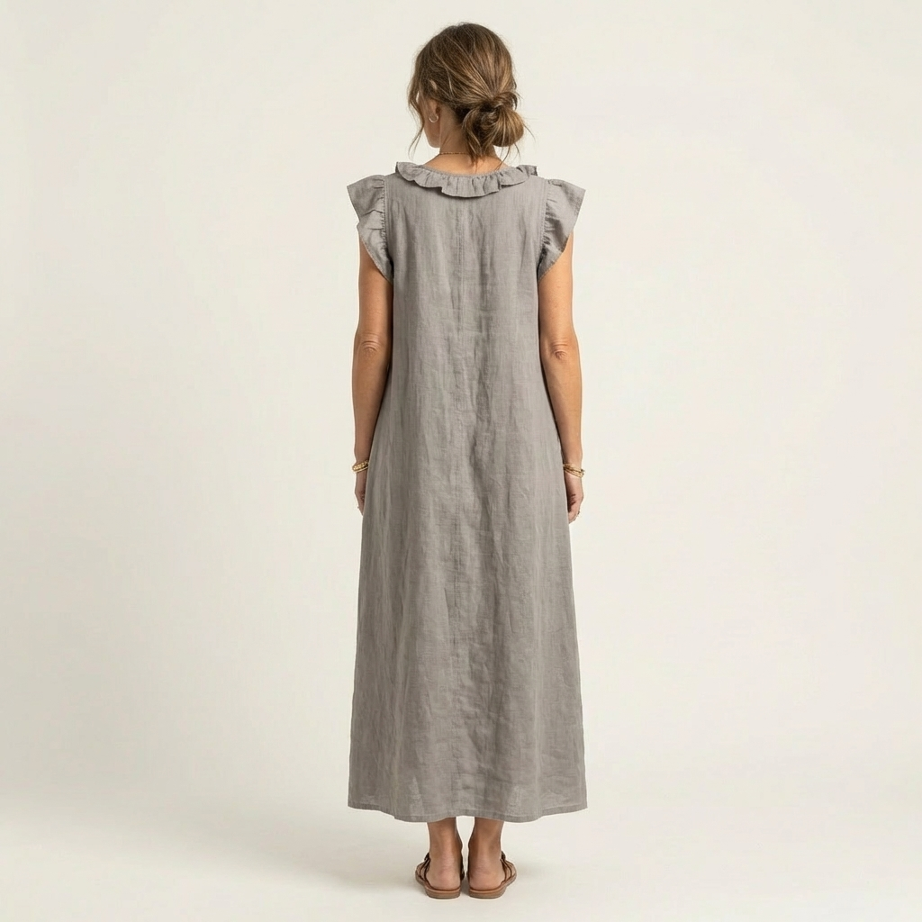 Monica | Vestido maxi de mezcla de lino con volantes y escote en V