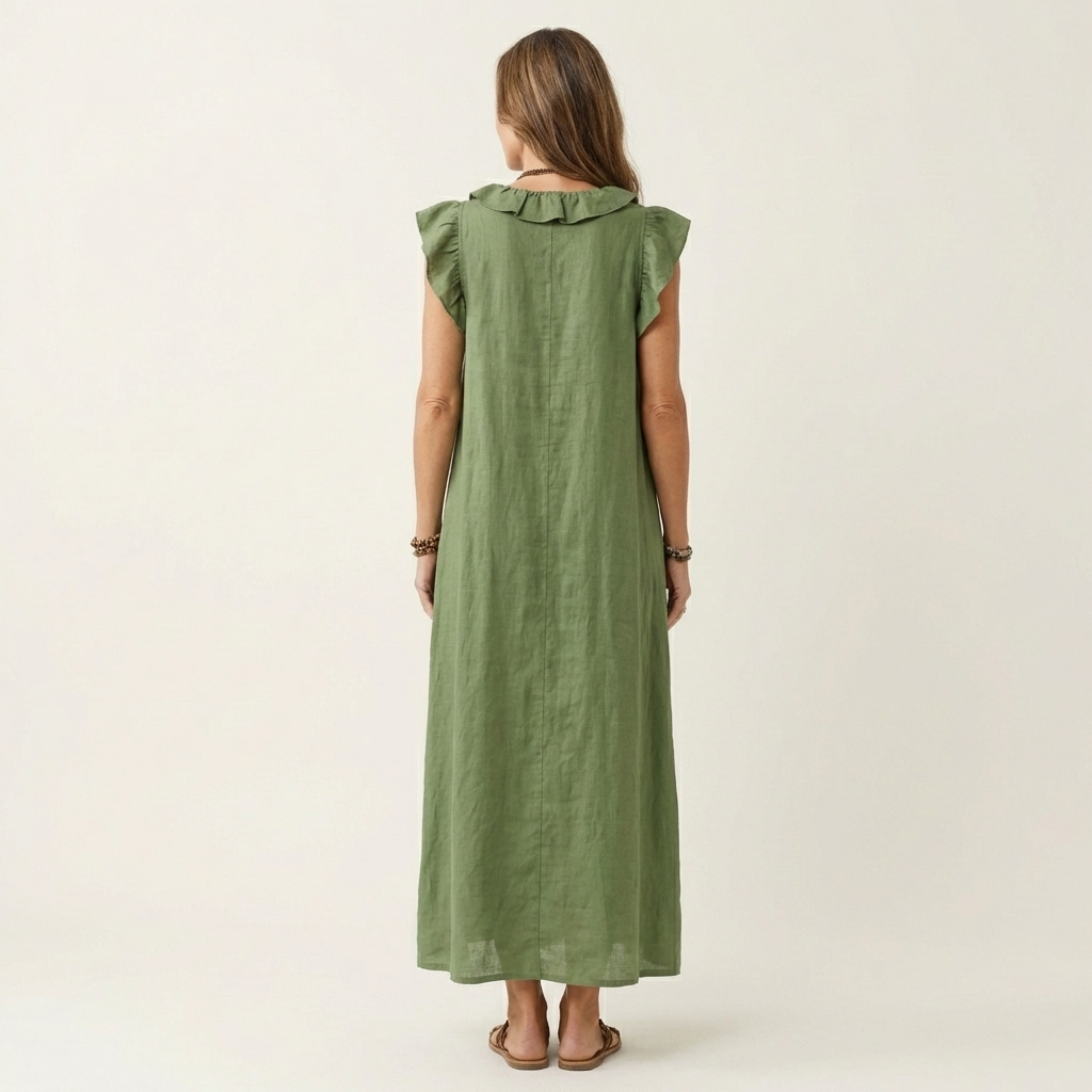 Monica | Vestido maxi de mezcla de lino con volantes y escote en V