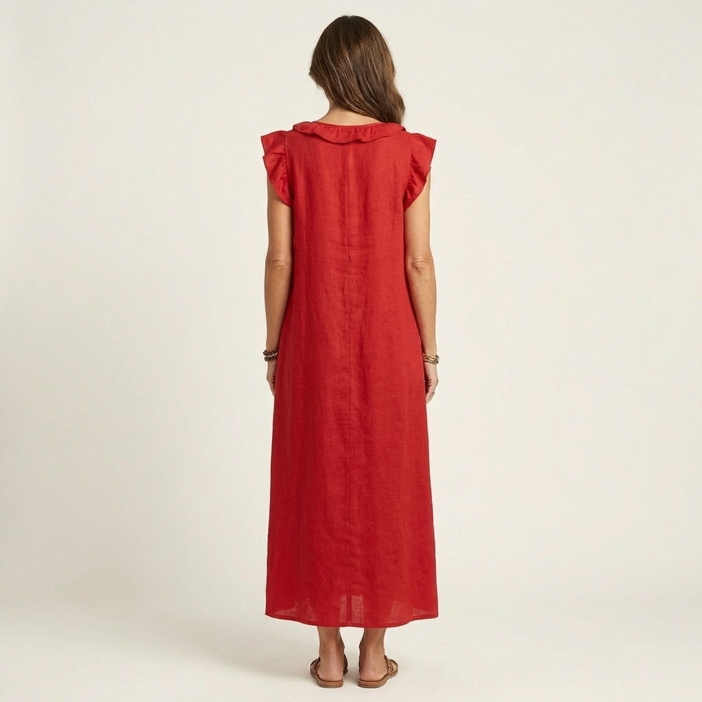 Monica | Vestido maxi de mezcla de lino con volantes y escote en V