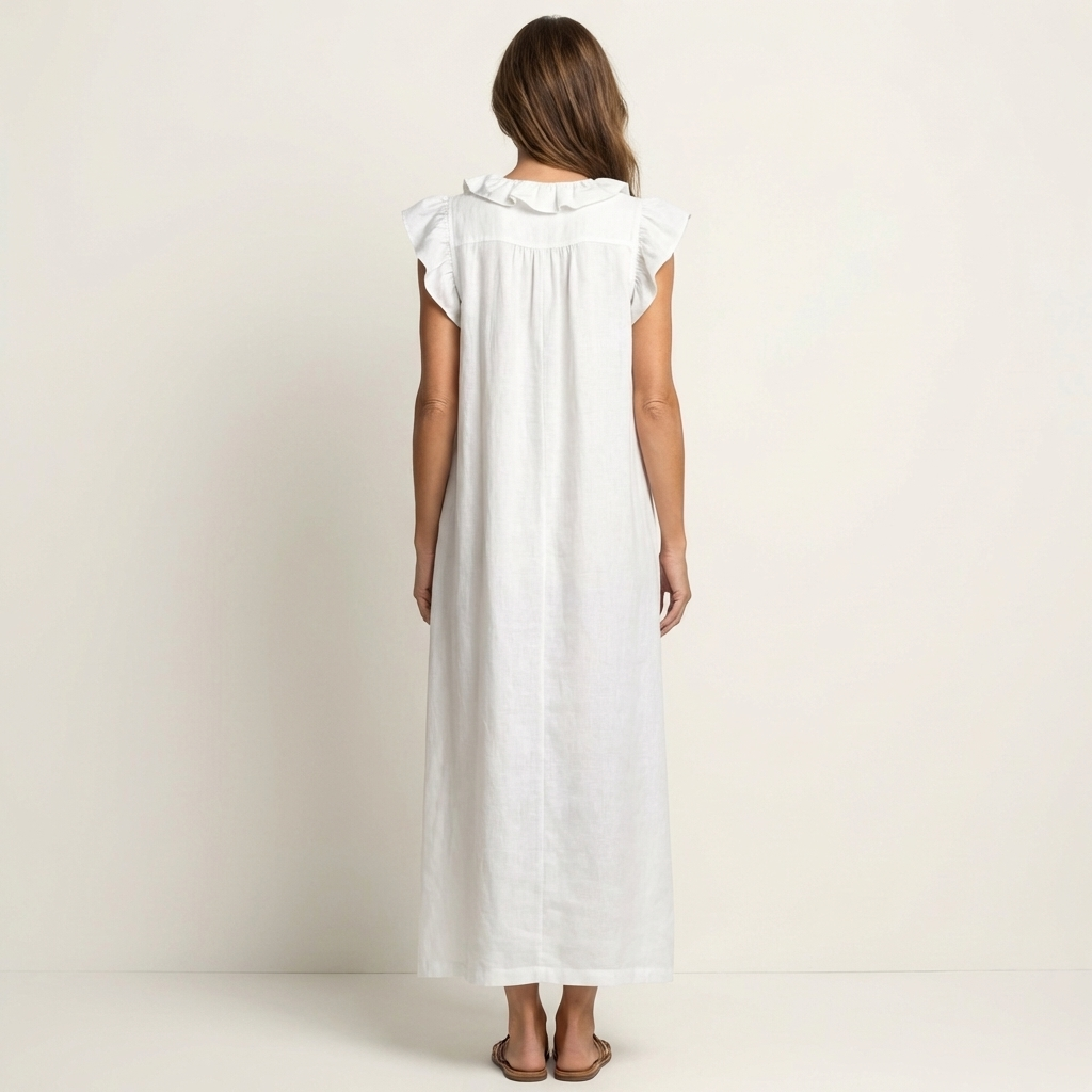 Monica | Vestido maxi de mezcla de lino con volantes y escote en V