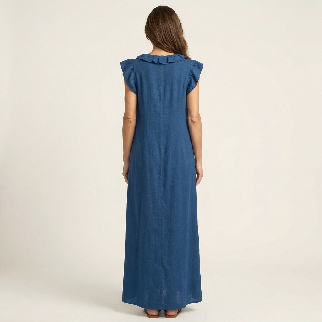Monica | Vestido maxi de mezcla de lino con volantes y escote en V