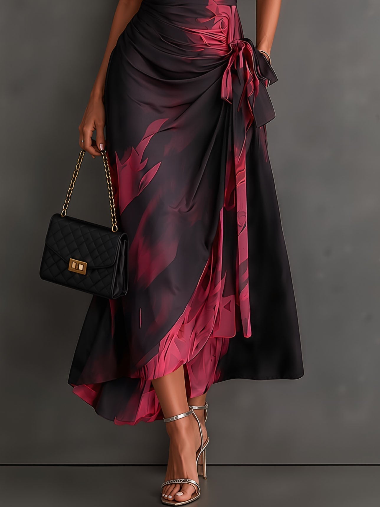Rosanna | Vestido midi cruzado con estampado abstracto, escote en V, manga corta, cinturón y bajo asimétrico con volante