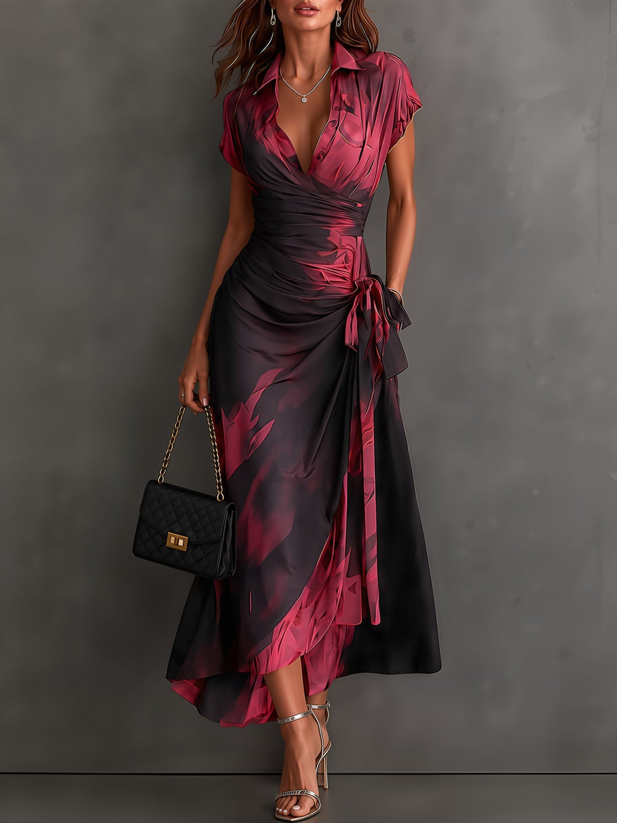 Rosanna | Vestido midi cruzado con estampado abstracto, escote en V, manga corta, cinturón y bajo asimétrico con volante